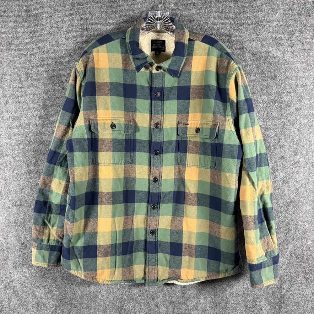 J.Crew BI933 Sherpa Lined Flannel Shirt Jacket Mens L Green Plaid Shacket